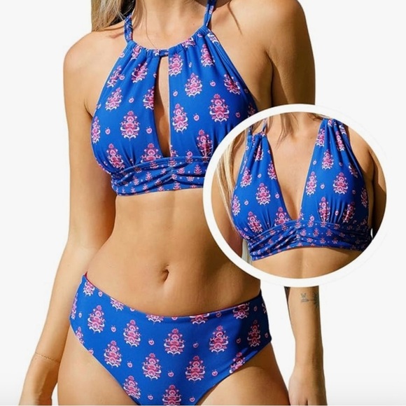 CUPSHE Bikini Mid Rise Cutout Drawstring Crisscross Back Tie Reversible Bottom - Picture 1 of 11